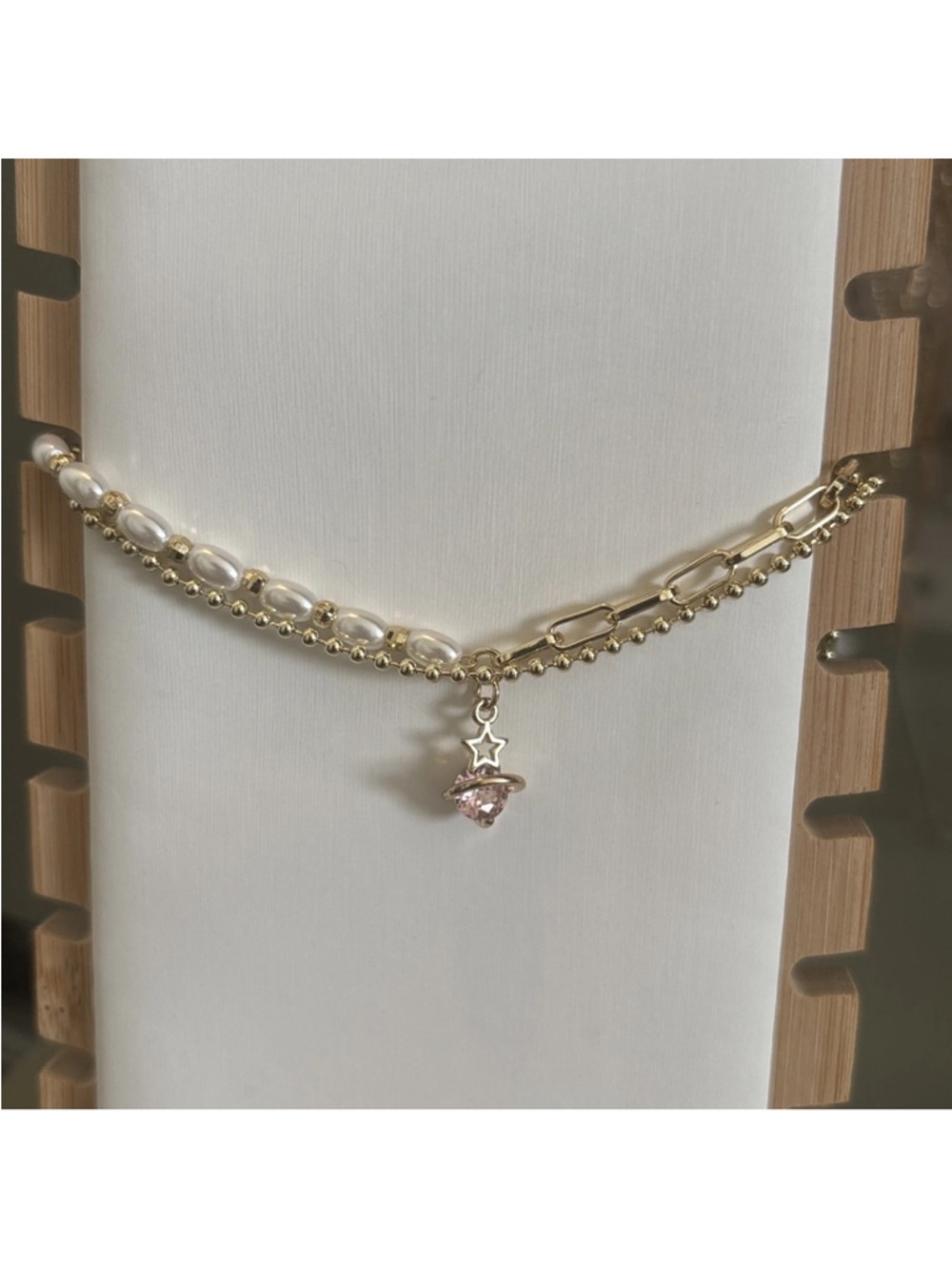 Gold Plated Layered Bracelet Faux Pearl Chain Pink CZ Celestial Charm Adjustable - Picture 8 of 11